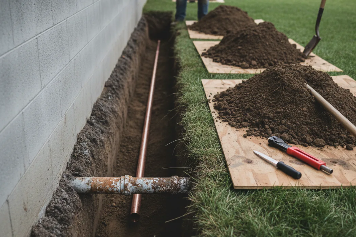 Excavated water line trench during Water Heater Repair in Salem